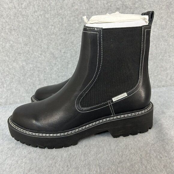 Women's Calvin Klein Size 9 Black Boots Shari Lug Chelsea Leather Combat Chunky - Picture 2 of 12